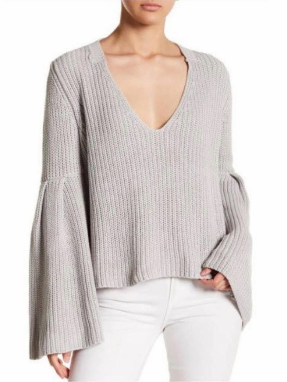 Free People Damsel V-Neck Bell Sleeve Sweater Grey